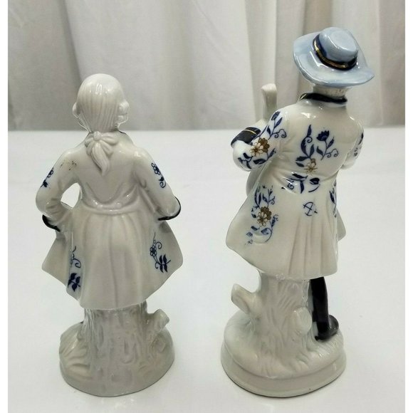 Vintage German Blue White Gold Victorian Ceramic Porcelain Figurine Set of two